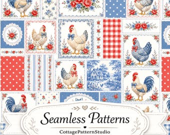 Patrón sin costuras de patchwork de gallinas vintage, papel digital de gallina de granja, estampado de tela de edredón de gallo, estampado floral de granja rústica, 3600x3600 300 DPI