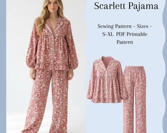 Scarlett Pajama Sewing Pattern PDF | Women’s Ruffle Pajama Set | Long Sleeve Button-Up Pajamas | Sizes S–XL | A0