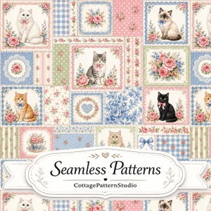 Pode incluir: Um padrão de tecido com um design de patchwork de gatos, ramos de flores, xadrez vichy azul e bolinhas. Os gatos usam laços e estão rodeados por flores cor-de-rosa e azuis. Uma etiqueta branca na parte inferior diz Seamless Patterns CottagePatternStudio.