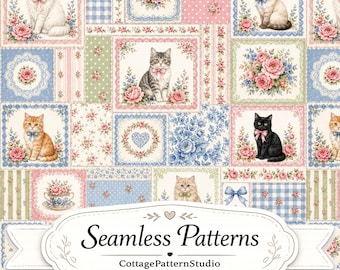 Patrón sin costuras de patchwork de gato vintage, papel digital de gatito elegante, estampado floral cottagecore para tela, bloques de patchwork, 3600x3600 300 DPI