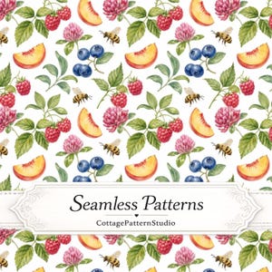 Berry & Bee Seamless Pattern, Watercolor Raspberry Peach Design, Cottagecore Botanical Fabric Print, Summer Garden Digital Paper