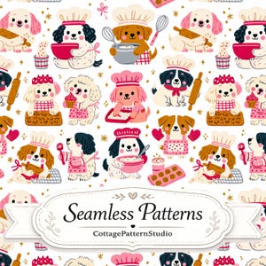 Peut inclure: Un motif répétitif représentant des chiens de dessin animé portant des toques et des tabliers de chef, occupés à cuisiner, mélanger, étaler de la pâte et tenir des cupcakes. Le design inclut de petites étoiles dorées sur fond blanc et une étiquette centrale avec le texte Seamless Patterns CottagePatternStudio.
