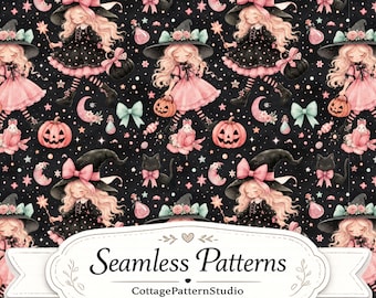 Patrón sin costuras de brujas dulces de Halloween | Papel digital de brujas en tonos pastel rosas | Estampado de tela de Halloween adorable | Estilo gótico kawaii | JPG de 300 DPI
