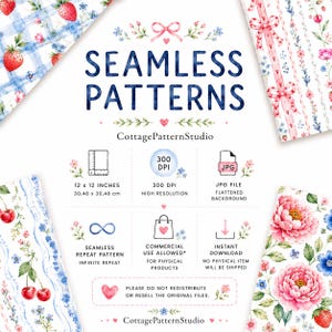 K&ouml;nnte beinhalten: Eine digitale Sammlung nahtloser Muster mit Aquarell-Erdbeeren, Kirschen und rosa Pfingstrosen. Der Text lautet SEAMLESS PATTERNS, CottagePatternStudio, 30,48 x 30,48 cm, 300 DPI, JPG FILE, SEAMLESS REPEAT PATTERN und COMMERCIAL USE ALLOWED.