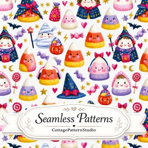 Pode incluir: Um padrão sem costura com personagens de doces de milho, bruxas, múmias e abóboras em um fundo branco. O design inclui estrelas, corações, morcegos e pirulitos. Uma etiqueta branca com o texto Seamless Patterns CottagePatternStudio.
