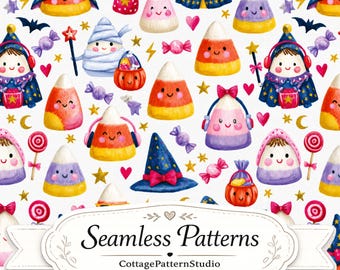 Lindo patrón sin costuras de caramelos de maíz para Halloween, diseño de tela de bruja kawaii con caramelos, papel digital dulce y espeluznante, patrón de superficie de Halloween