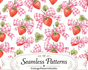 Patrón sin costuras de lazo de fresa, papel digital de bayas a cuadros rosas, estampado de tela de frutas estilo cottagecore, diseño de superficie veraniego JPG