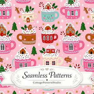 Pink Christmas Mug Seamless Pattern | Cute Gingerbread House Coffee Cups | Festive Holiday Digital Paper | Cozy Christmas Fabric Print