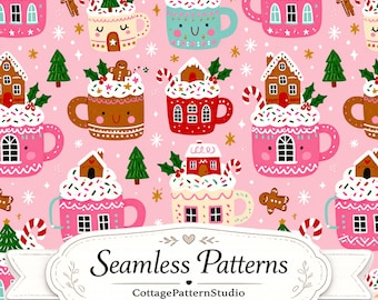 Pink Christmas Mug Seamless Pattern | Cute Gingerbread House Coffee Cups | Festive Holiday Digital Paper | Cozy Christmas Fabric Print
