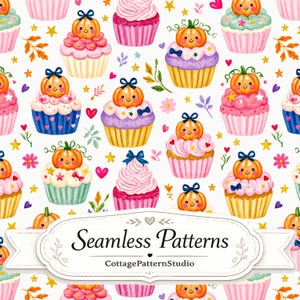 May include: A seamless pattern featuring colorful cupcakes topped with smiling orange pumpkins, small blue bows, pink hearts, and yellow stars on a white background. A white label at the bottom displays the text Seamless Patterns CottagePatternStudio.