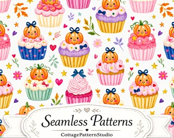 Lindo patrón sin costuras de cupcakes de calabaza, diseño de tela kawaii de Halloween, papel digital de postre dulce de otoño, patrón otoñal caprichoso