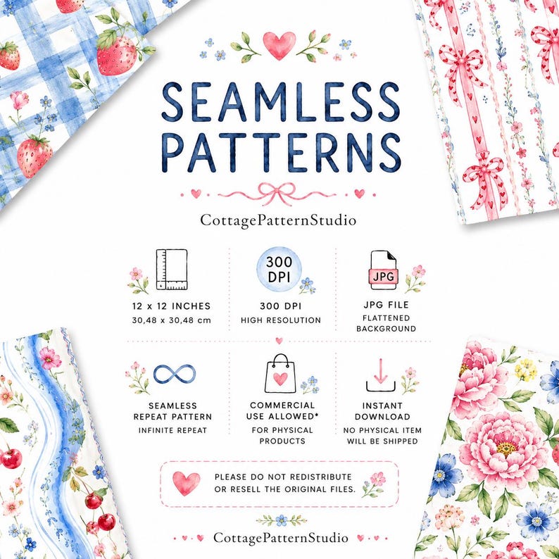 May include: A digital graphic featuring the text SEAMLESS PATTERNS and CottagePatternStudio. It displays four watercolor pattern swatches: blue plaid with strawberries, pink ribbons with flowers, blue swirls with cherries, and pink peonies.
