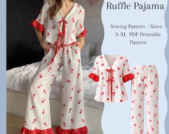 Women’s Pajama Sewing Pattern | Ruffle Pajama Set with Tie Top | PDF A0 A4 | Sizes S–XL