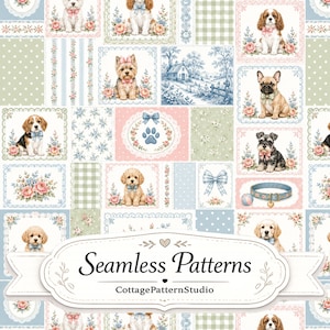 May include: A fabric pattern featuring various dog breeds, floral arrangements, bows, and pastoral scenes in soft pastel colors. A central white label with a decorative border displays the text Seamless Patterns and CottagePatternStudio.