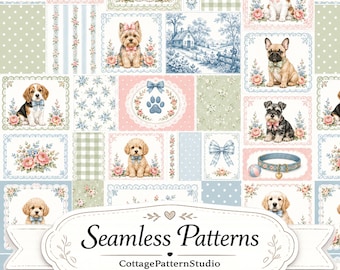 Patrón sin costuras de patchwork de perro vintage, papel digital de cachorro, estampado floral cottagecore para tela, bloques de patchwork, 3600x3600 300 DPI