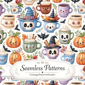 Pode incluir: Um padrão contínuo com canecas ilustradas com rostos de caveira, abóboras, morcegos e folhas de outono. O design inclui o texto Seamless Patterns e CottagePatternStudio numa etiqueta central branca com uma borda decorativa.