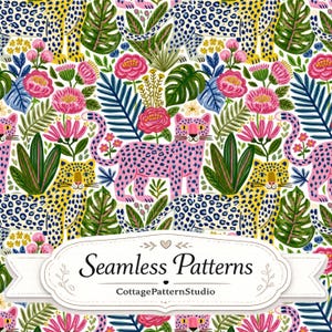 Pode incluir: Um padrão contínuo com leopardos amarelos e cor-de-rosa intercalados com flores cor-de-rosa vibrantes, folhas tropicais verdes e folhagem azul. Uma etiqueta decorativa branca exibe o texto Seamless Patterns e CottagePatternStudio.