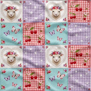 Nahtloses Lammmuster, Kirsch-Patchwork-Digitalpapier, Schmetterlingsstoffdruck, Cottagecore-Quilt, 3600 x 3600 Pixel, 300 dpi Bild 2