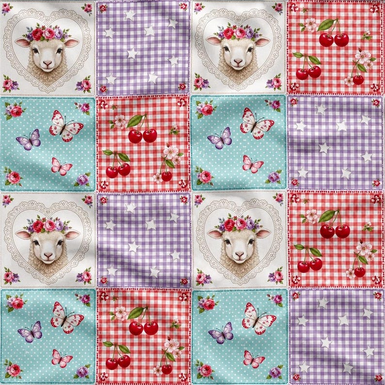 Nahtloses Lammmuster, Kirsch-Patchwork-Digitalpapier, Schmetterlingsstoffdruck, Cottagecore-Quilt, 3600 x 3600 Pixel, 300 dpi Bild 2