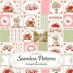 Nahtloses Patchwork-Muster mit Kirschen, Stoffdruck im Cottagecore-Stil in Rosa und Grün, Digitales Papier mit Kirschblumenmuster, JPG-Datei für die Landhausküche