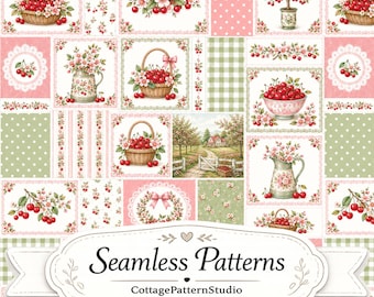 Patrón sin costuras de patchwork de cerezas, estampado de tela cottagecore rosa y verde, papel digital floral de cerezas, cocina campestre JPG