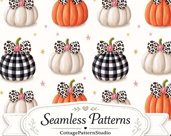 Patrón sin costuras de calabazas de Halloween Coquette, papel digital de calabazas con lazo de leopardo rosa, lindo diseño de tela de Halloween con repetición sin costuras