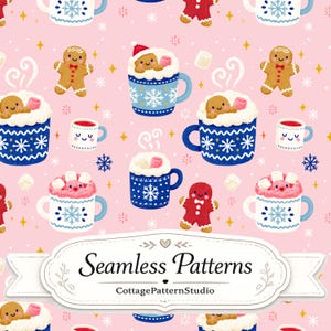 Pode incluir: Um padrão contínuo com biscoitos de gengibre e canecas de chocolate quente com marshmallows num fundo rosa claro. As canecas são azuis ou brancas com desenhos de flocos de neve. Uma etiqueta branca na base diz Seamless Patterns CottagePatternStudio.