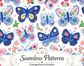 Estampado floral sin costuras de mariposas, tela estilo cottagecore, papel digital de mariposas azules y rosas, papel pintado de arte popular, estampado de jardín primaveral.