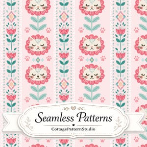Pode incluir: Um padrão contínuo com ilustrações repetidas de rostos de gatos emoldurados por pétalas de flores cor-de-rosa, alternando com caules florais verticais e pequenas pegadas de patas num fundo rosa claro. Uma etiqueta branca exibe o texto Seamless Patterns.
