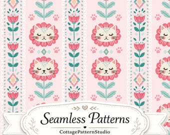 Lindo estampado floral de gatos sin costuras, papel digital de gatitos de arte popular, diseño de tela de gato rosa, estampado caprichoso para la superficie de la habitación infantil.