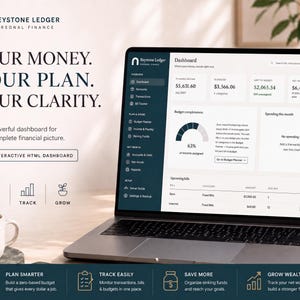 May include: A laptop displaying the Keystone Ledger personal finance dashboard with financial data, charts, and navigation menus. Text includes 'YOUR MONEY. YOUR PLAN. YOUR CLARITY.' and 'INTERACTIVE HTML DASHBOARD' alongside icons for plan, track, and grow.