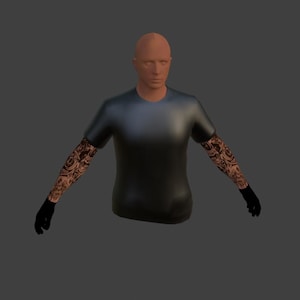 May include: A black short-sleeved shirt with detailed arm tattoos and black gloves. The tattoos are a complex design in shades of brown and tan. The mannequin has a bald head and a neutral expression.