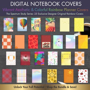 May include: A collection of 25 digital notebook covers with vibrant and colorful designs. The covers feature various themes, including balloons, a hot air balloon, buildings, colored pencils, and a unicorn. The text reads "DIGITAL NOTEBOOK COVERS" and "Vibrant Aesthetic & Colorful Rainbow Planner Covers."