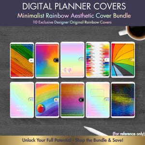 May include: A collection of ten digital planner covers with minimalist rainbow designs. Each cover features a unique aesthetic, including gradients, patterns, and illustrations. The text at the top reads "DIGITAL PLANNER COVERS" and "Minimalist Rainbow Aesthetic Cover Bundle".