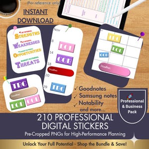 May include: Digital stickers for planning, featuring the text "Strengths", "Weaknesses", "Opportunities", and "Threats". Includes stickers for Goodnotes, Samsung Notes, and Notability. The image also includes the text "210 Professional Digital Stickers".