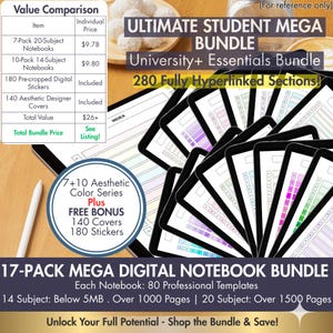 May include: An Ultimate Student Mega Bundle digital notebook bundle with 280 hyperlinked sections. Includes 17-pack notebooks with 80 templates each, 140 aesthetic covers, and 180 stickers. The bundle offers over 1000 pages and a value comparison chart.