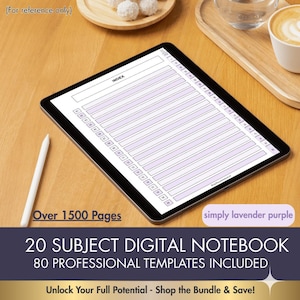 Lavender Purple 20 Subject Digital Notebook, Goodnotes Notability iPad Hyperlinked Journal, 80 Templates, Vertical Student Study Planner