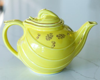 Vintage Hall China Canary Yellow Teapot Gold Leaf Acorn Parade Shape 6 Cup Mid Century
