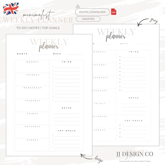 Minimalist Weekly Planner Printable | Undated | PDF | To-Do, Notes & Top Goals | A4