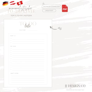 Könnte beinhalten: Eine minimalistische To-Do-Liste zum Ausdrucken auf weißem Papier. Das Design umfasst Abschnitte für 'Top 3', 'To-Do' und 'Notizen'. Der PDF-Download ist im A5-Format. Oben auf der Seite steht 'minimalistische TO-DO LISTE'.