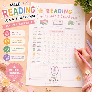 Può includere: Un tracker di ricompense di lettura stampabile e colorato con il testo "Make Reading Fun & Rewarding!" e "Reading Reward Tracker." Il design include stelle, libri e uno spazio per scrivere un nome e un obiettivo.