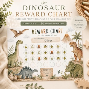 May include: A dinosaur reward chart featuring watercolour illustrations of various dinosaurs, a volcano, and palm trees. The chart includes a section for a name, a grid of circles for tracking progress, and a wooden sign with the text You did it!