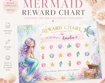 Mermaid Reward Chart | Editable Reward Chart for Kids | Printable Behaviour Chart | Mermaid Chore Chart | Canva Template PDF