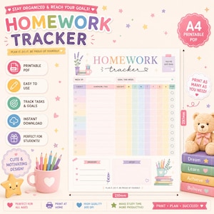 May include: A pastel-colored homework tracker with the text "Homework Tracker." The design includes a pink mug with pencils, a star, and a teddy bear. The A4 printable PDF measures 210mm x 297mm.
