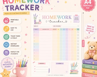 Kids Homework Tracker Printable | Weekly School Planner | Pastel Study Organiser | Digital Download