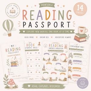 May include: A printable reading passport set featuring 14 pages with illustrations of books, a hot air balloon, and a mushroom. The text includes Reading Passport, Explore New Worlds, One Book At A Time, Read More, Dream Big, Adventure Always, and Fantasy Kingdom.