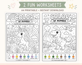 Color by Number Worksheets Printable PDF | Unicorn & Dinosaur Coloring Pages for Kids | Preschool Activity | Homeschool PDF