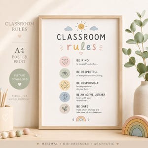 Op de afbeelding: Een ingelijste A4-poster met klassenregels, voorzien van een zon, wolken en een regenboog. De tekst bevat vijf regels: Be Kind, Be Respectful, Be Responsible, Be an Active Listener en Be Safe, elk vergezeld van een eenvoudig pastelkleurig icoon.
