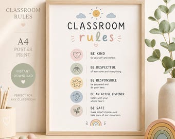 Classroom Rules Poster Printable | Neutral Classroom Decor | Pastel Classroom Sign | Teacher Wall Art | Homeschool Rules PDF