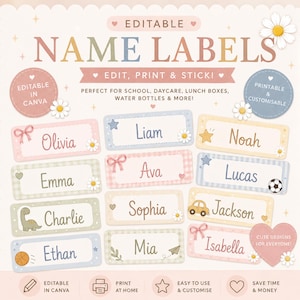 May include: A collection of editable name labels in soft pastel shades, ideal for personalising items. The design features floral details and the text "Name Labels", "Edit, Print & Stick!", and names such as Olivia, Liam, and Noah.